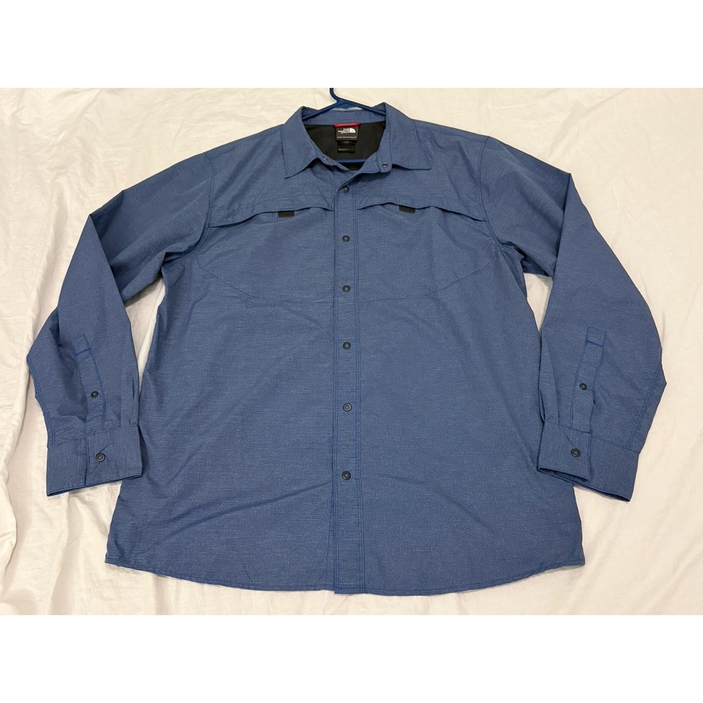 The North Face Mens Large Blue Long Sleeve Snap Up Pockets Shirt Hiking Work